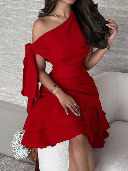 Asymmetrical Neck Bow Tie Cropped Waist Mini Dress