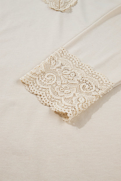 Apricot Lace Splicing V Neck Long Sleeve Top