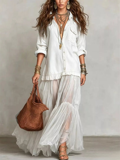 Full Size Tiered Long Sleeve Denim Shirt Maxi Dress Plus Size