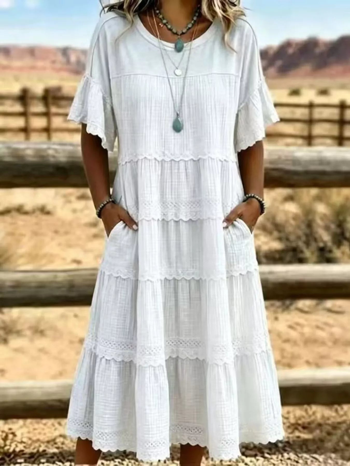 Plus Size Tiered Ruffle Sleeve Midi Dress with Pockets