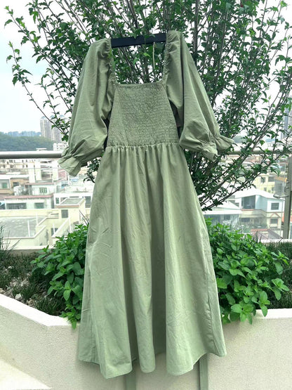 French Ruffled Lantern Sleeves Multi-wear Dress Green