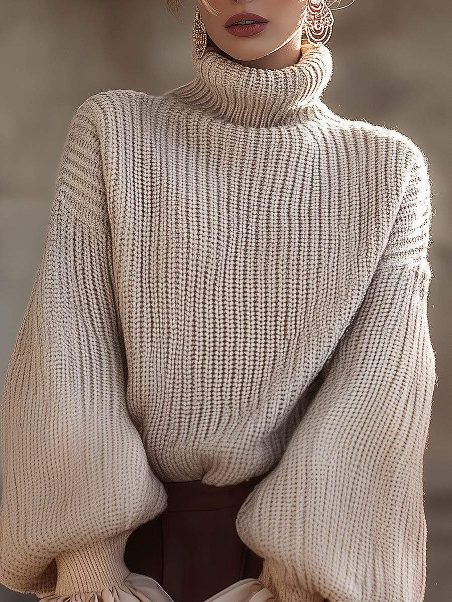 Cream Knit Turtleneck Sweater With Ruffled Cuffs