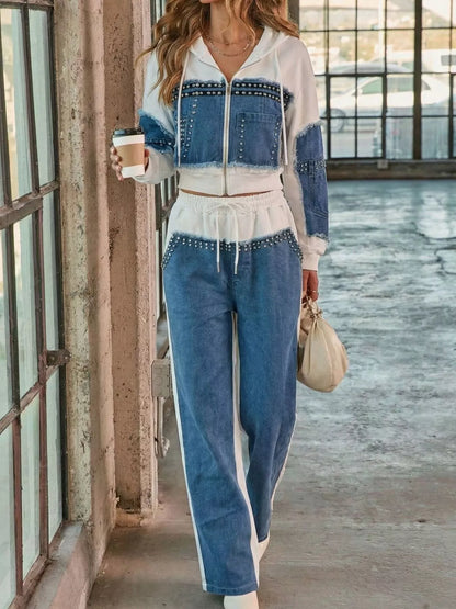 Full Size Studded Denim Patchwork Hoodie and Joggers Set Plus Size