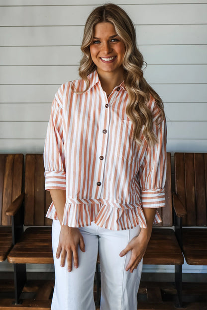 Khaki Stripe Button Front Ruffle Hem Bracelet Sleeve Shirt