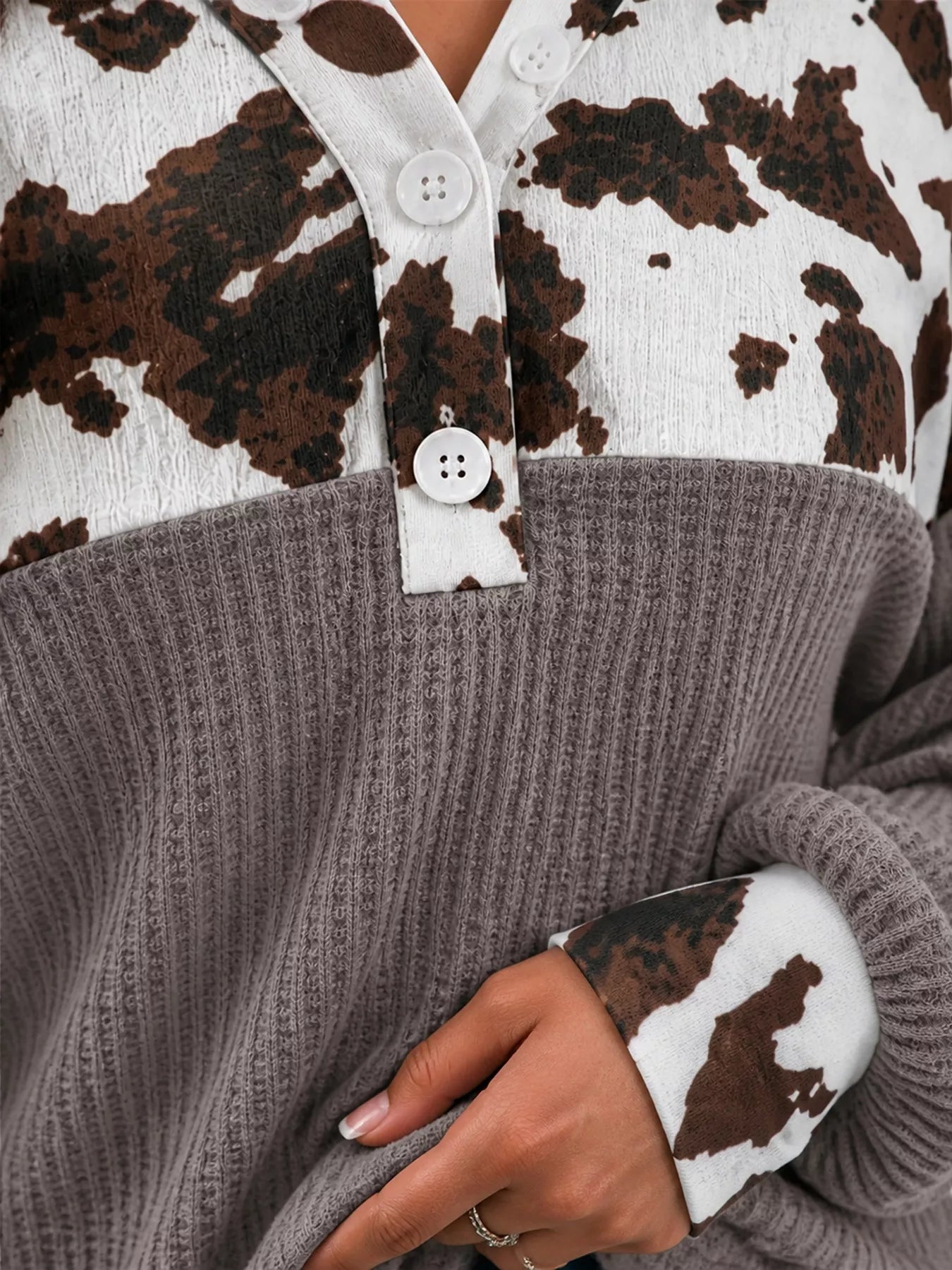 Cow Print Color Block Waffle Knit Blouse