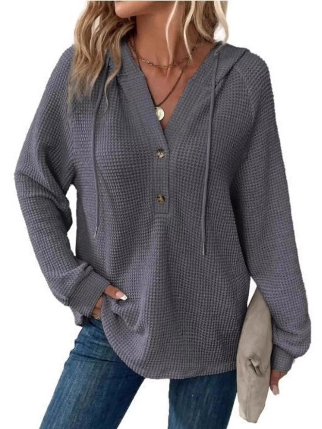 Full Size Waffle Knit Half-Button Hoodie Plus Size