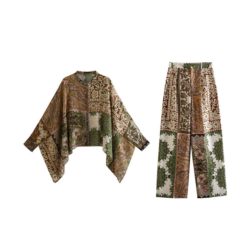 Summer Patchwork Cape Shirt Print Pants Set