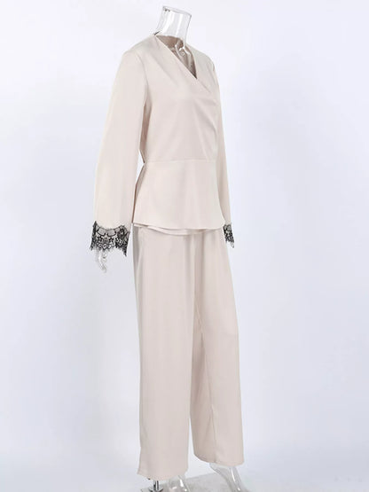 Lace Trim Wrap Top and Pants Set