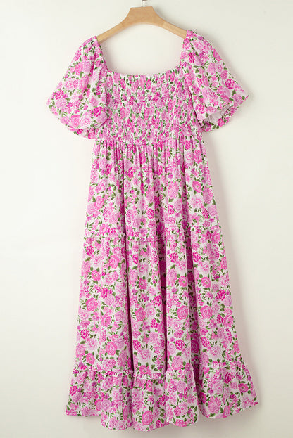 Blue Zone Planet | Pink Plus Size Floral Print Smocked Puff Sleeve Dress