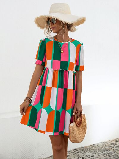Blue Zone Planet | Geometric Frill Round Neck Short Sleeve Dress