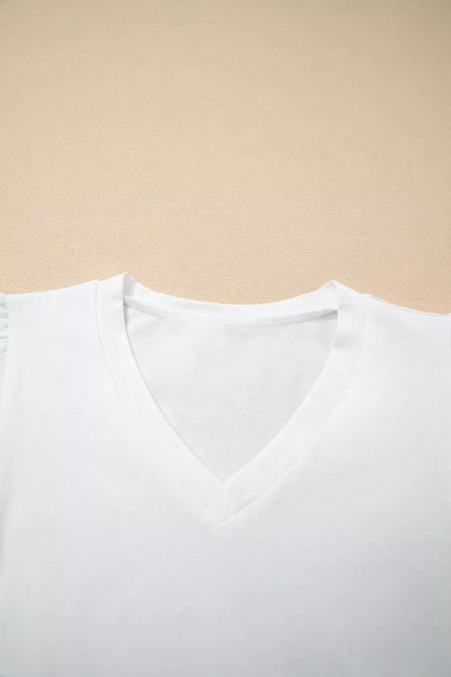 Eyelet Embroidered Flutter Sleeve Patchwork V Neck Tee