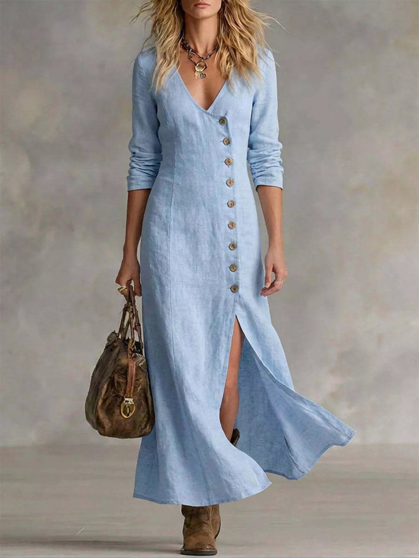 Slit Button-Down Midi Dress