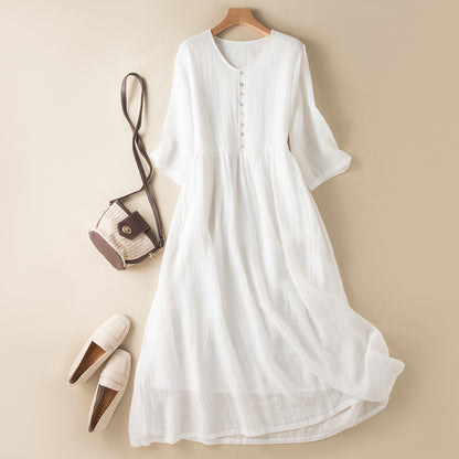 Cotton linen V-neck half-sleeve dress