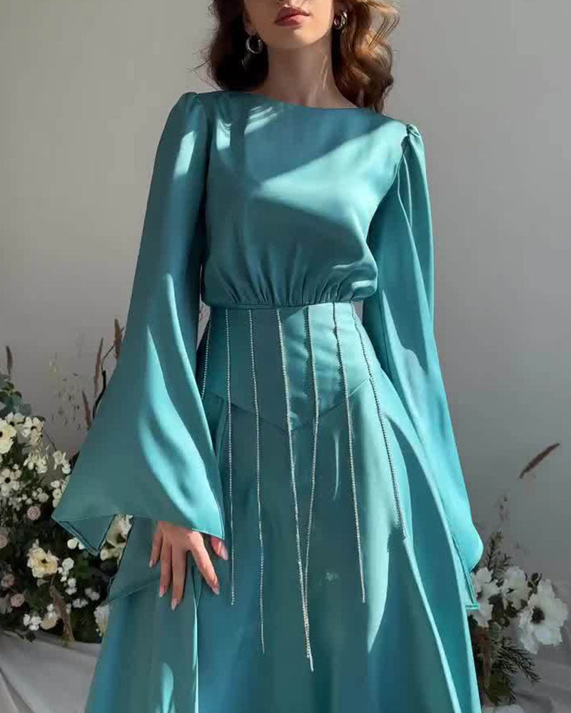 Belted waist bell sleeves full skirt dress