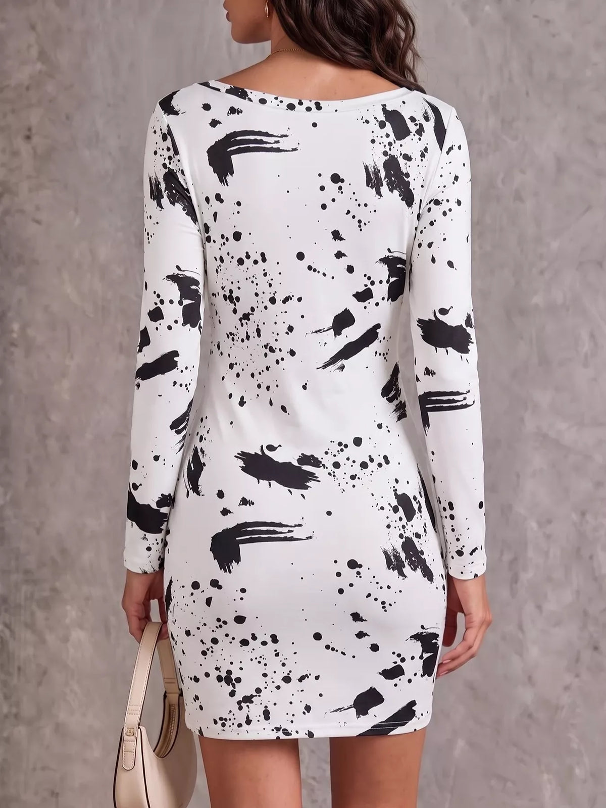 One-Shoulder Long Sleeve Paint Splatter Bodycon Mini Dress