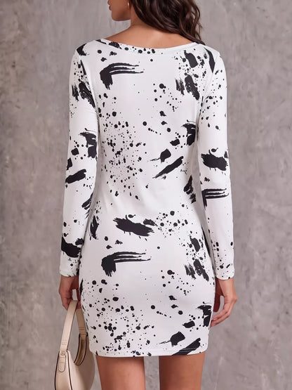 One-Shoulder Long Sleeve Paint Splatter Bodycon Mini Dress