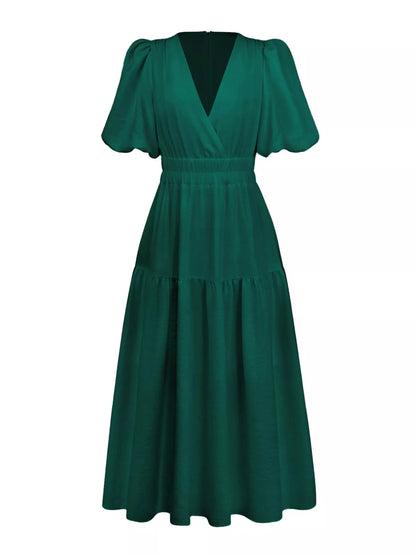 Elegant Puff Sleeve V-Neck Midi Dress