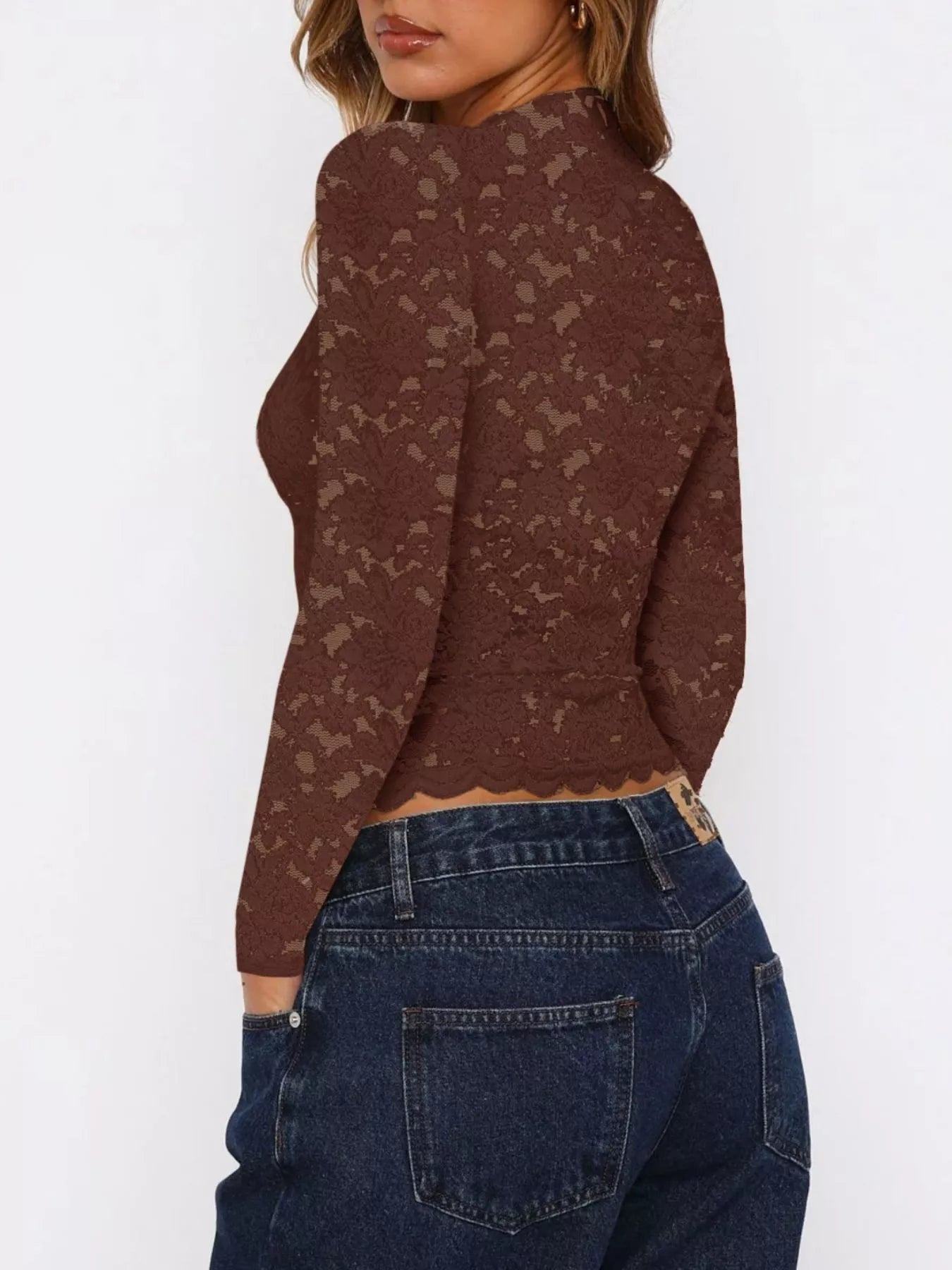 Sheer Lace Long Sleeve V-Neck Top