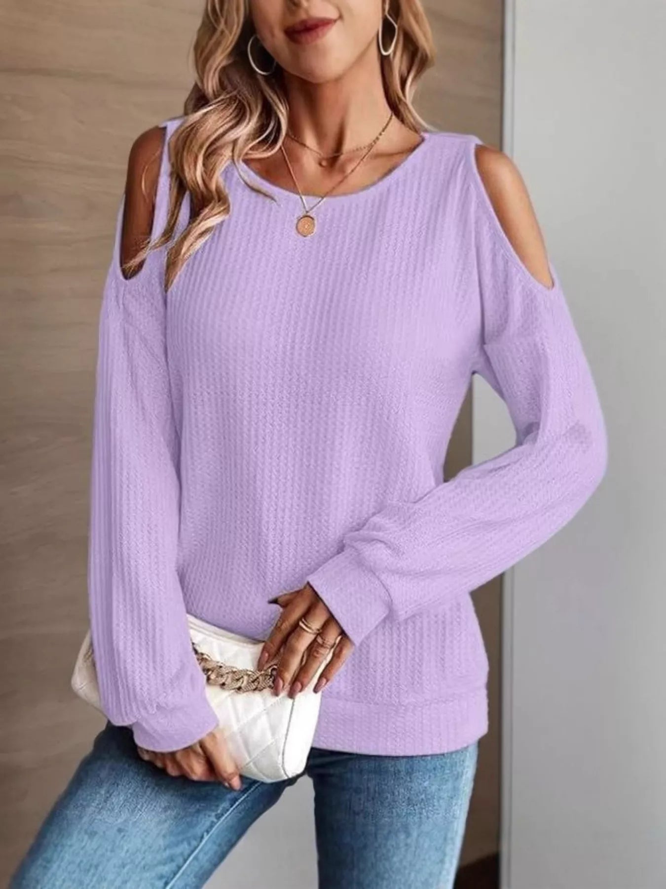 Solid Color Cold Shoulder Long Sleeve T-Shirt