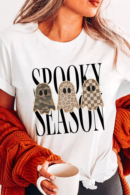 Full Size Spooky Season Ghosts Graphic Short Sleeve Halloween T Shirt Plus Size