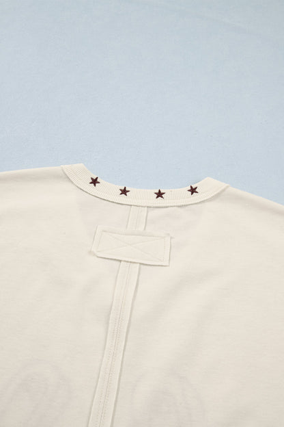 White Horseshoe Embroidered Star Trim V Neck Loose Tank Top