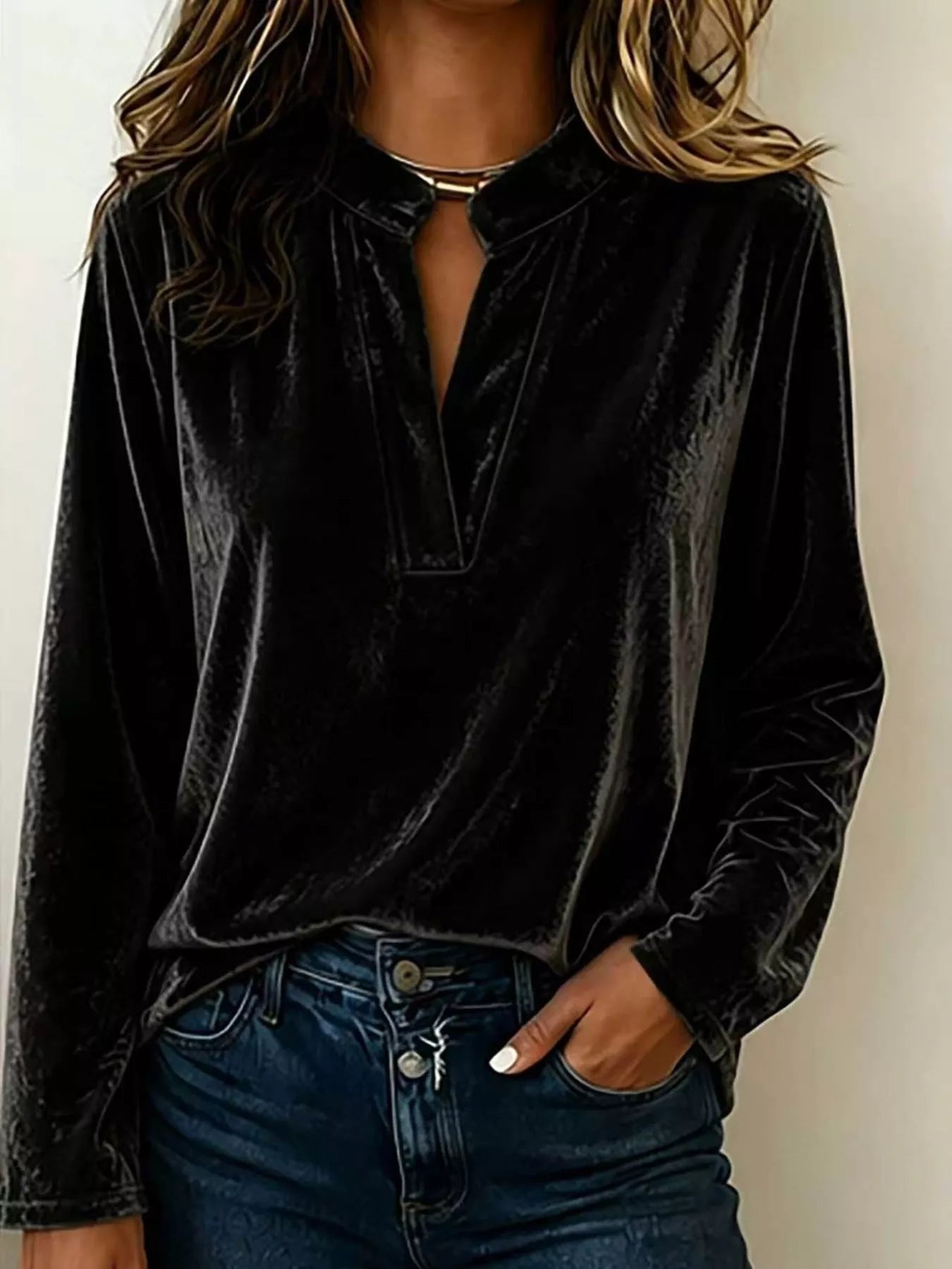 Plus Size Velvet Notched Long Sleeve Blouse