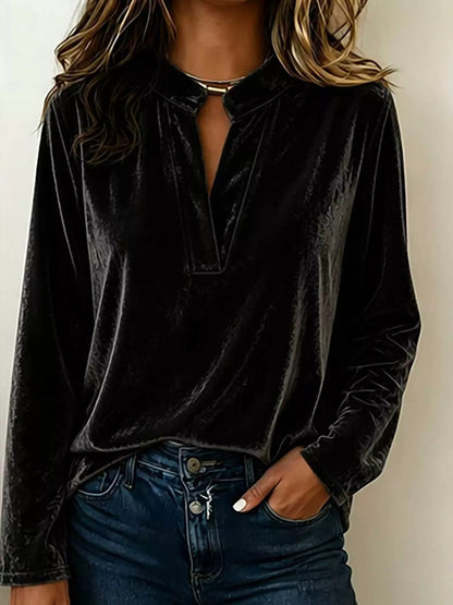 Plus Size Velvet Notched Long Sleeve Blouse