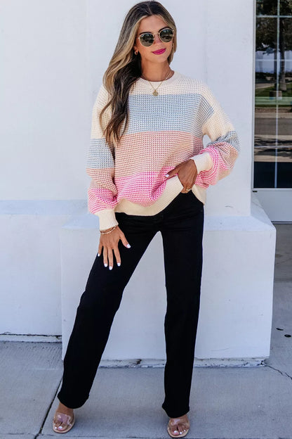 Color Block Waffle Knit Drop Shoulder Round Neck Long Sleeve Sweater