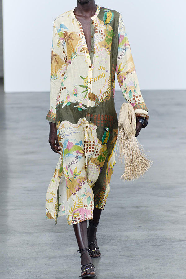 Robe chemise mi-longue boutonnée à manches longues et imprimé unique en lin mélangé Cayla