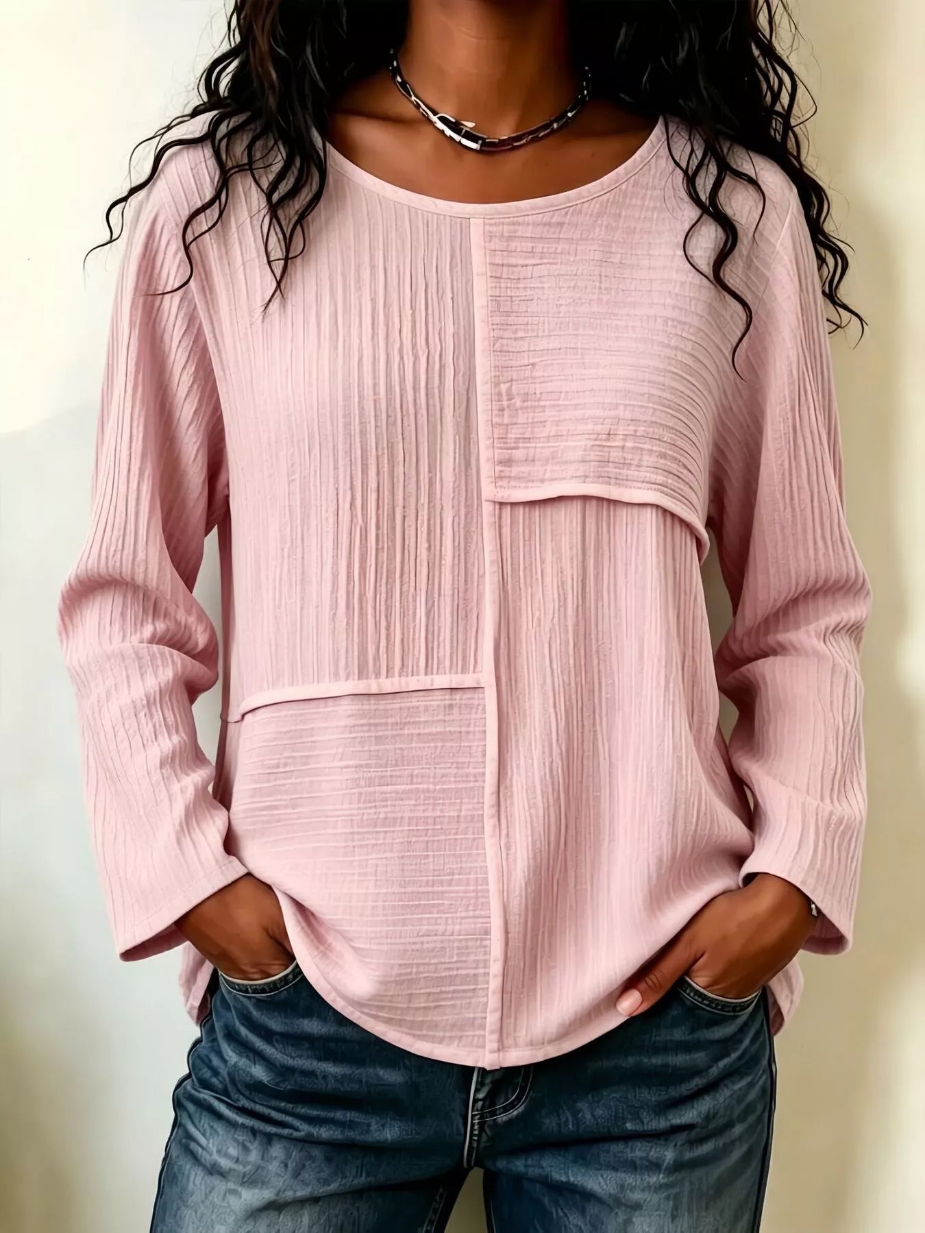 Women's Textured Patchwork Long Sleeve Top