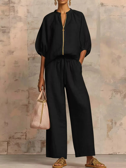 Full Size Zip-Front Top and Wide-Leg Pants Set Plus Size