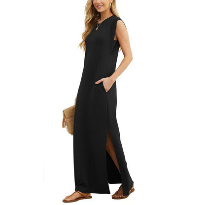 Robe de plage longue et décontractée à col rond pour femme, ample, fendue, sans plis, avec poches