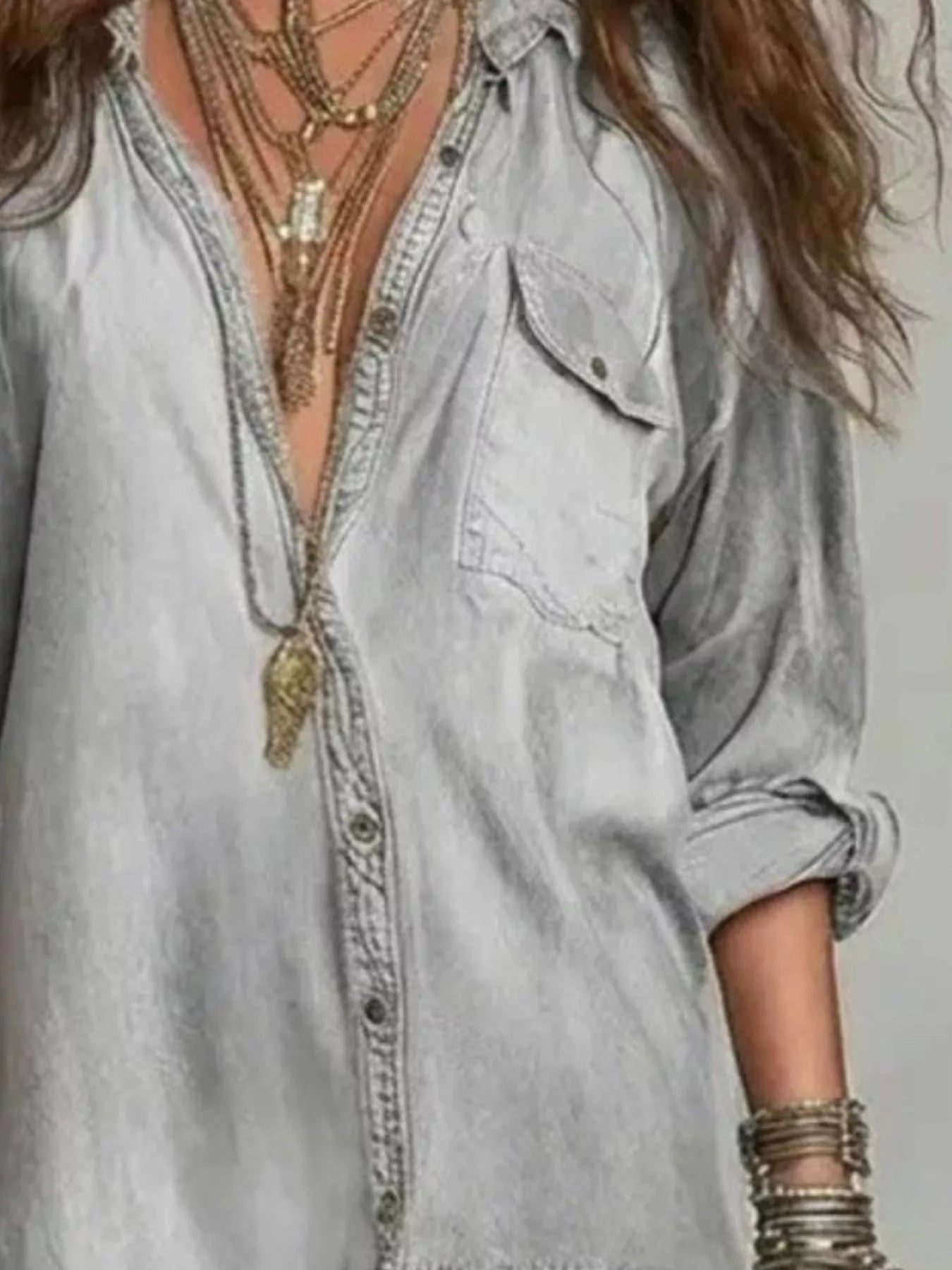 Full Size Tiered Long Sleeve Denim Shirt Maxi Dress Plus Size