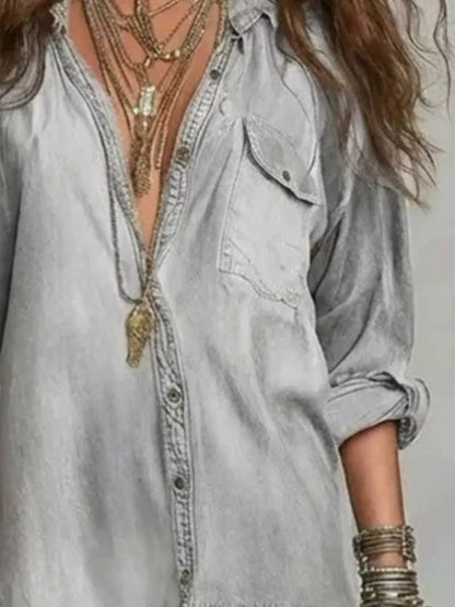 Full Size Tiered Long Sleeve Denim Shirt Maxi Dress Plus Size