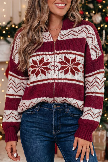 Geometric Pattern Zip-Up Knit Long Sleeve Regular Fit Cardigan