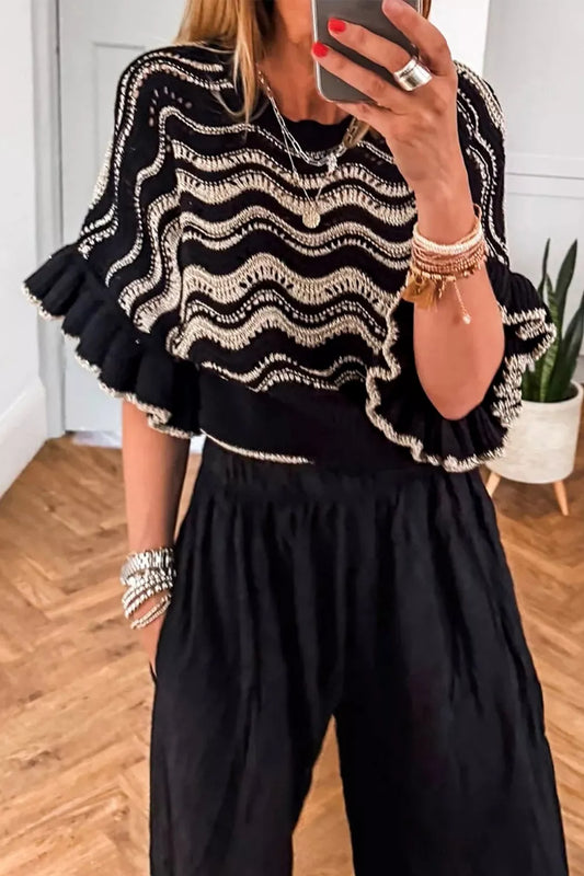 Wave Pattern Ruffle Sleeve Sweater