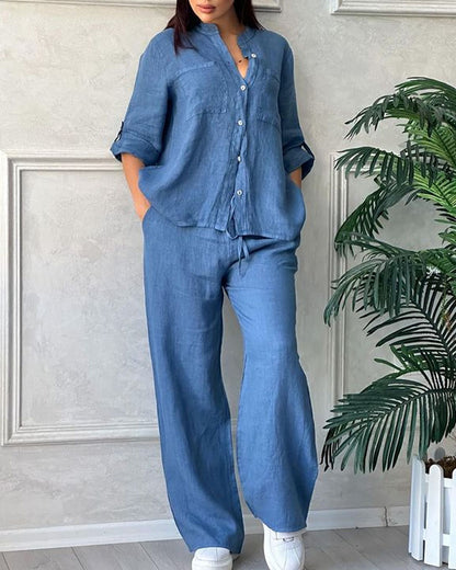 Solid Color Cotton Linen Long-sleeved Shirt & Lace-up Wide Leg Pants Two-piece Set