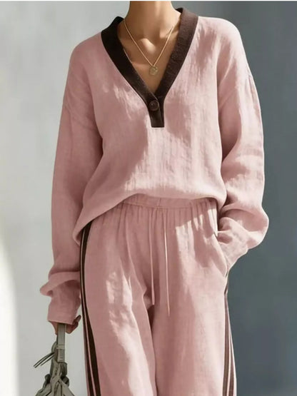 Contrast V-Neck Top and Striped Pants Set | Diva USA