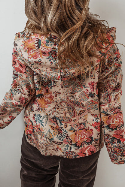 Blue Zone Planet | Beige Vintage Paisley Floral Printed Sherpa Lined Hooded Jacket