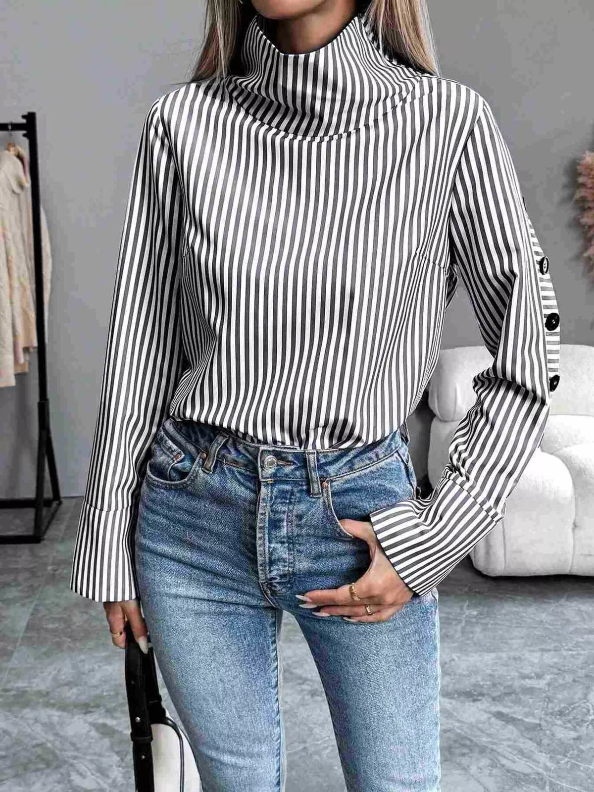 Striped Turtleneck Long Sleeve Blouse