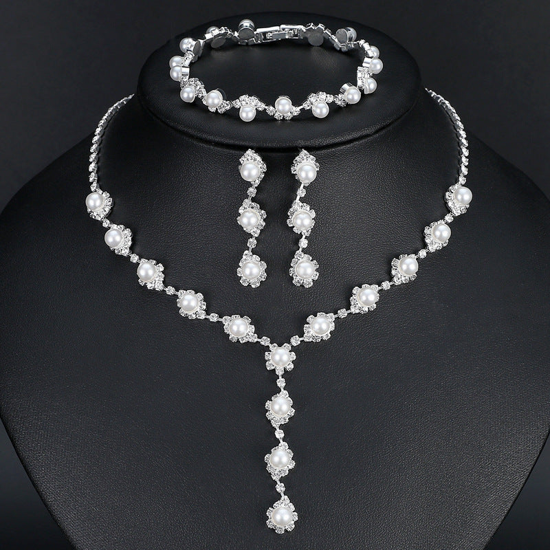 Shiny Rhinestone Pearl Bridal Accessories Necklace Bracelet Earrings Suit