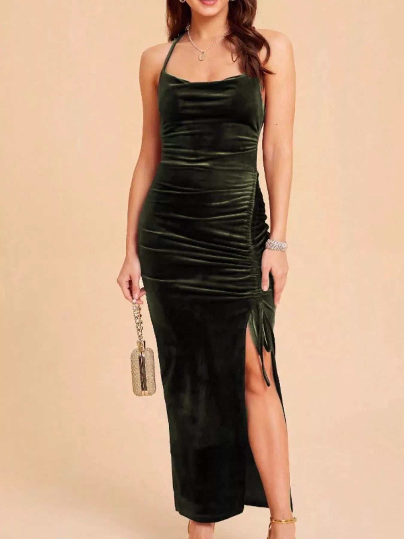 Velvet Ruched Dress with High Slit