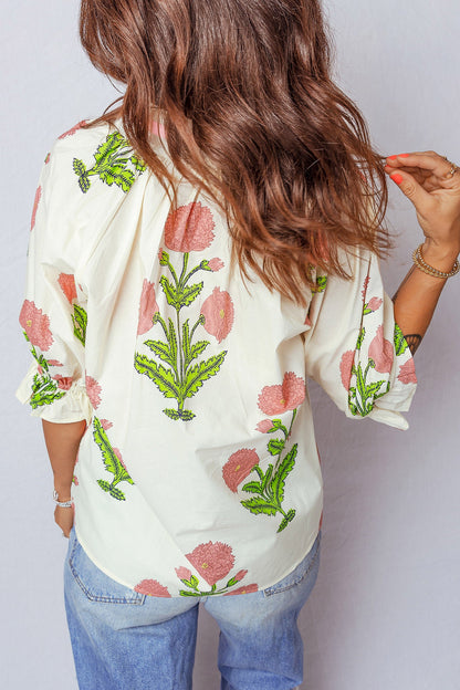 Pink Plus Size Floral Print Striped Trim V Neck Blouse