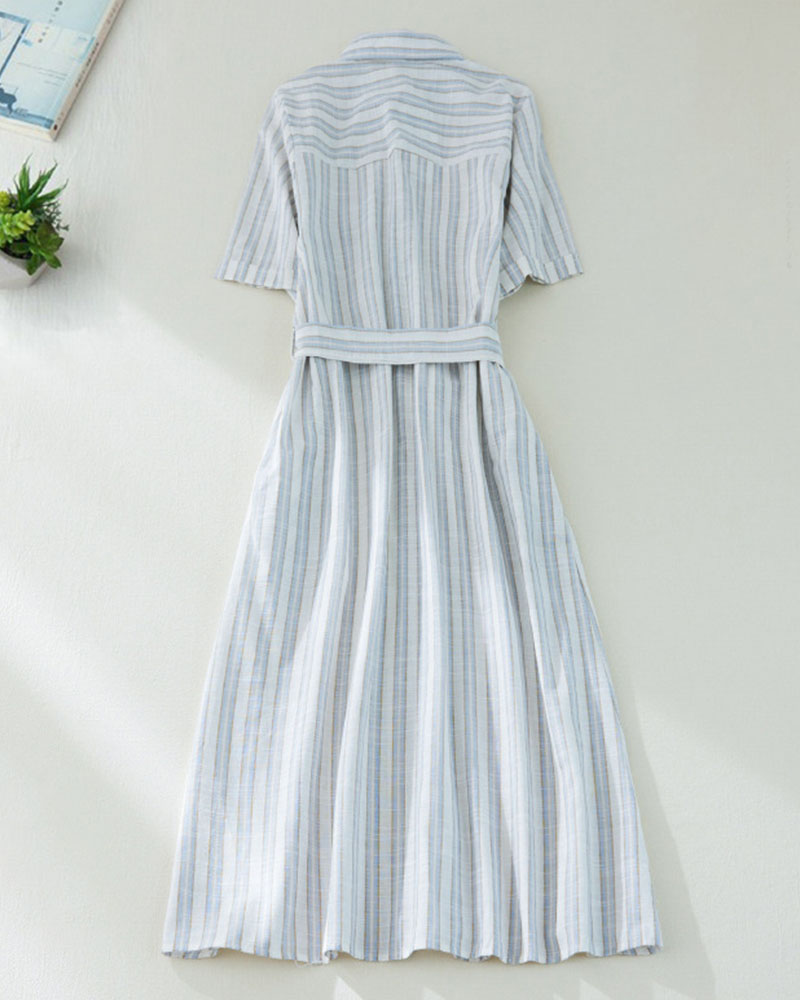 Light familiar tie vertical stripe POLO collar dress