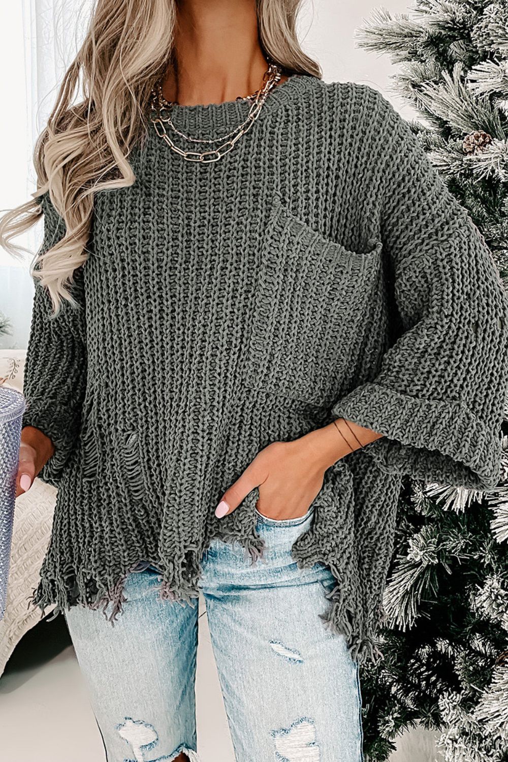 Blue Zone Planet | Distressed Round Neck Drop Shoulder Sweater