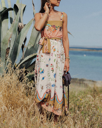 Summer strappy printed gathered dress