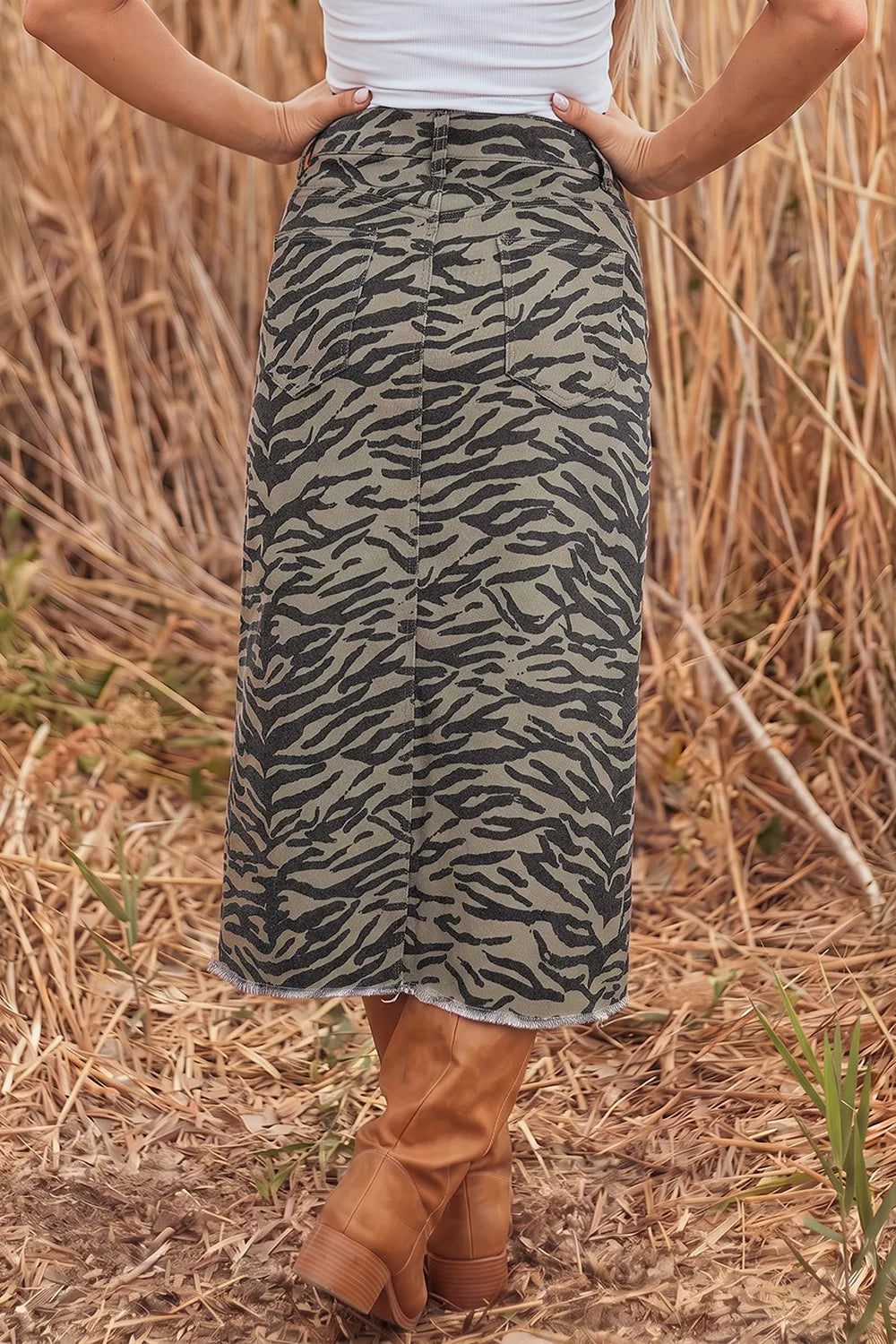 Leopard Print Side Split Frayed Hem Denim Midi Skirt