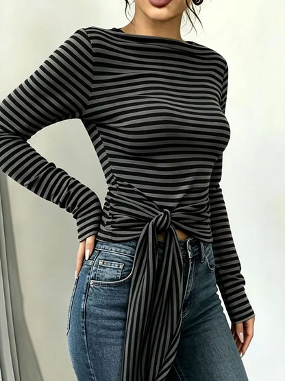 Long Sleeve Striped T-Shirt with Front Tie Detail