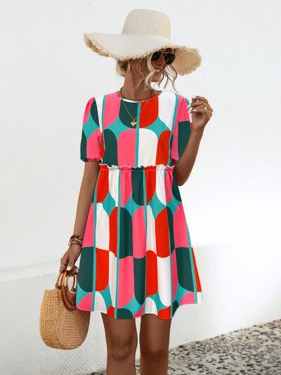Blue Zone Planet | Geometric Frill Round Neck Short Sleeve Dress