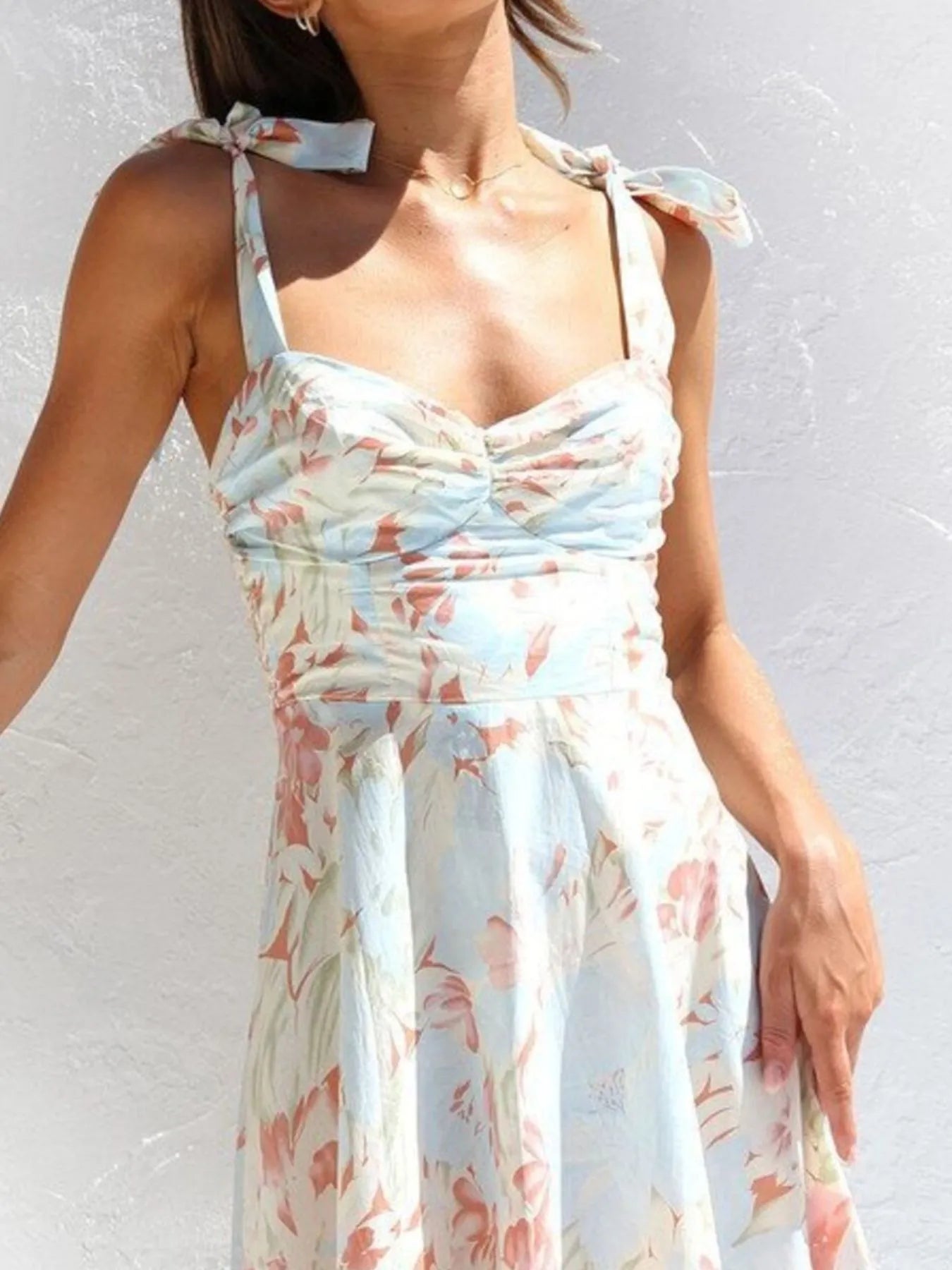 Floral Tie-Strap Sweetheart Neck Midi Dress